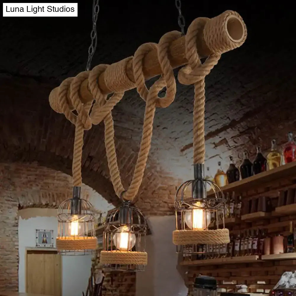 DecorBites™ ثريا قفص العصافير الريفي المصنوعة من الحديد البني مع حبل وعمود خشبي - مجموعة من 3 لمبات