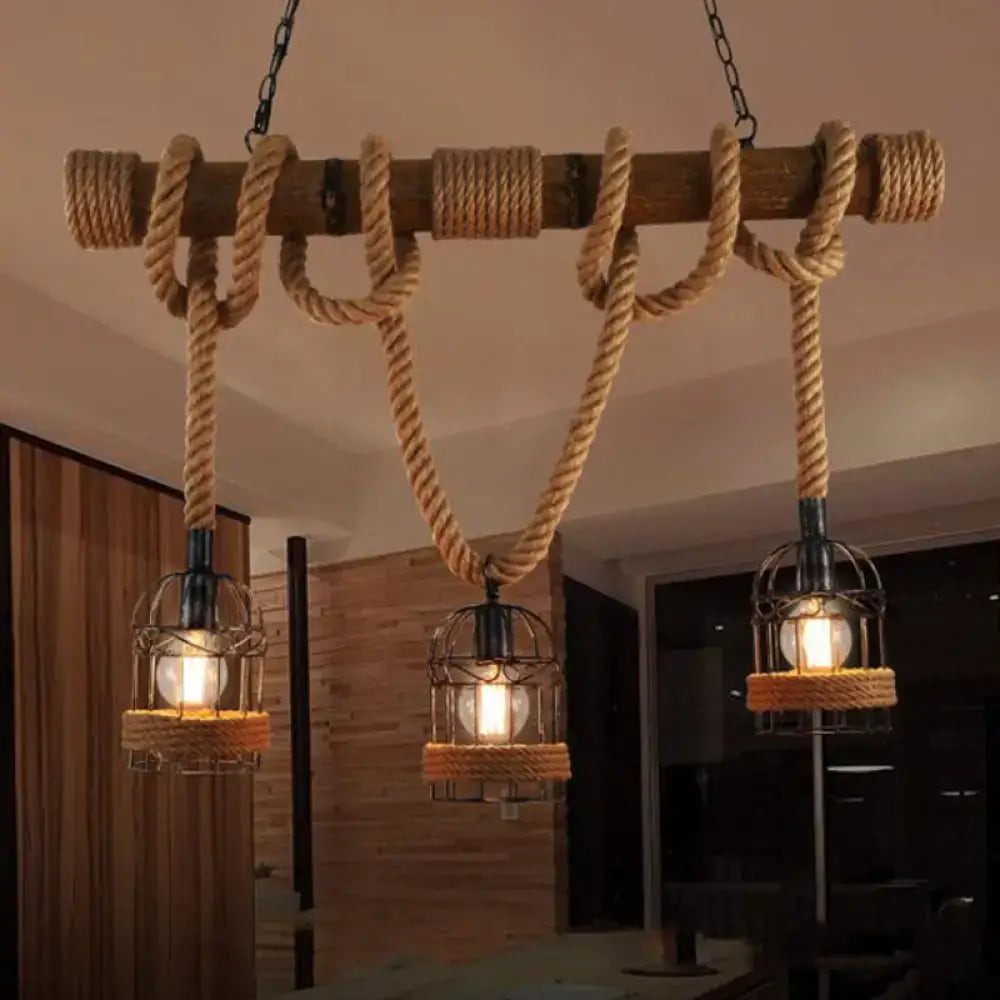 DecorBites™ ثريا قفص العصافير الريفي المصنوعة من الحديد البني مع حبل وعمود خشبي - مجموعة من 3 لمبات