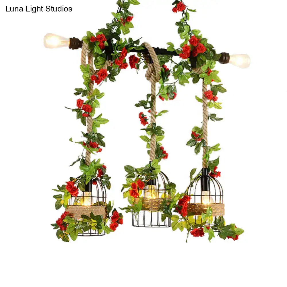 DecorBites™ Farmhouse Metal Island Light Pendant with 5 Heads, Black Finish and Rope Detail, Including Fake Flower