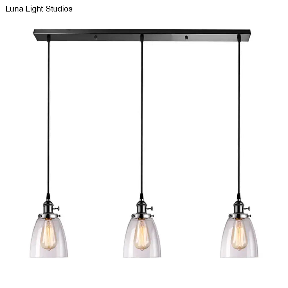 DecorBites™ Farmhouse Multi-Pendant Light Fixture with Ribbed Clear Glass Shades for Dining Room: Linear Canopy, 3 Cone Lights