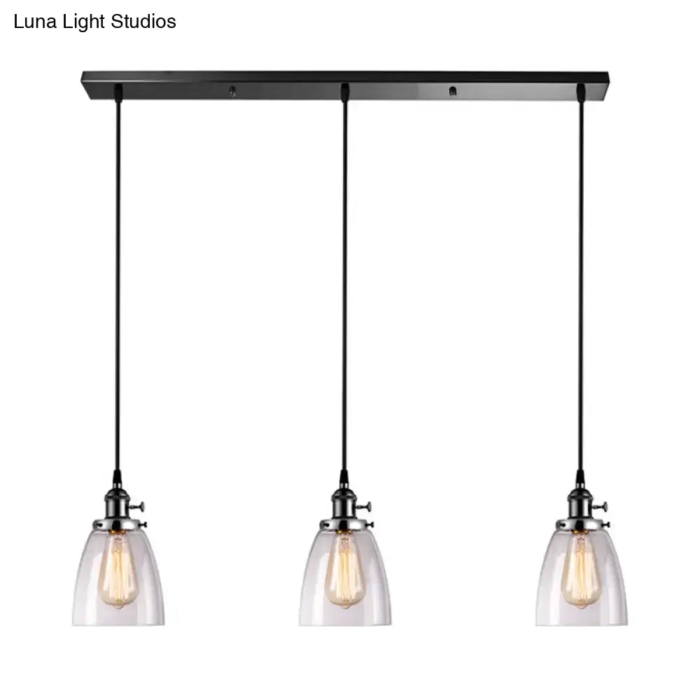 DecorBites™ Farmhouse Multi-Pendant Light Fixture with Ribbed Clear Glass Shades for Dining Room: Linear Canopy, 3 Cone Lights
