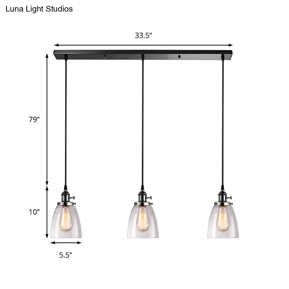 DecorBites™ Farmhouse Multi-Pendant Light Fixture with Ribbed Clear Glass Shades for Dining Room: Linear Canopy, 3 Cone Lights