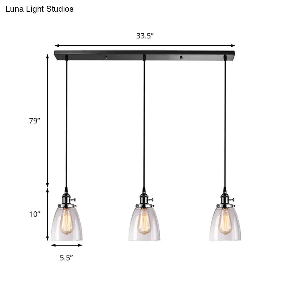DecorBites™ Farmhouse Multi-Pendant Light Fixture with Ribbed Clear Glass Shades for Dining Room: Linear Canopy, 3 Cone Lights