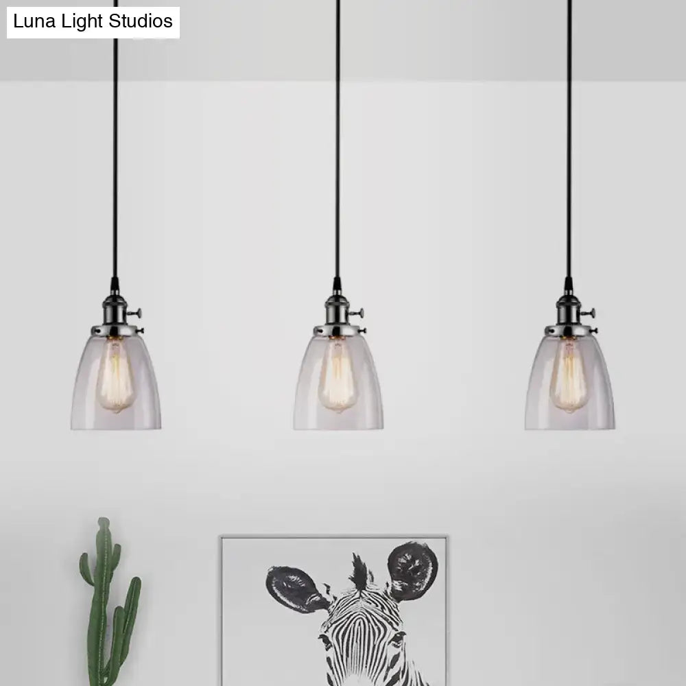 DecorBites™ Farmhouse Multi-Pendant Light Fixture with Ribbed Clear Glass Shades for Dining Room: Linear Canopy, 3 Cone Lights