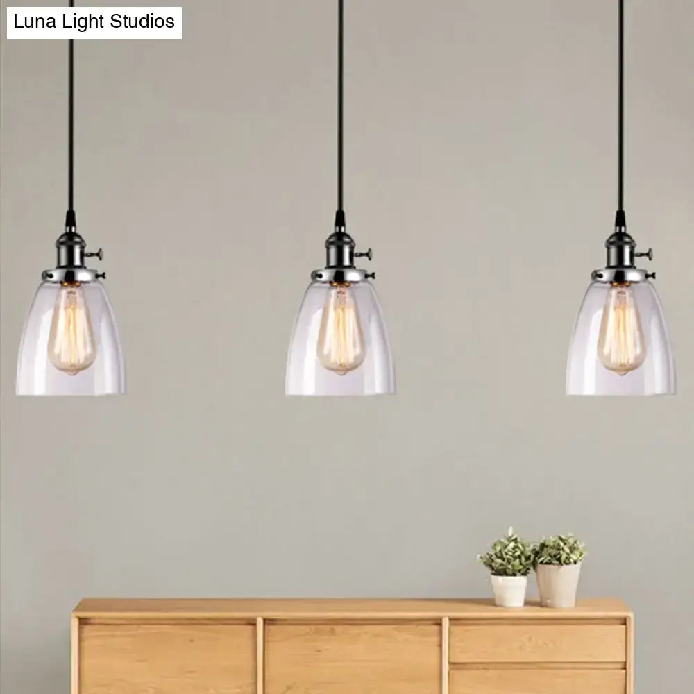 DecorBites™ Farmhouse Multi-Pendant Light Fixture with Ribbed Clear Glass Shades for Dining Room: Linear Canopy, 3 Cone Lights