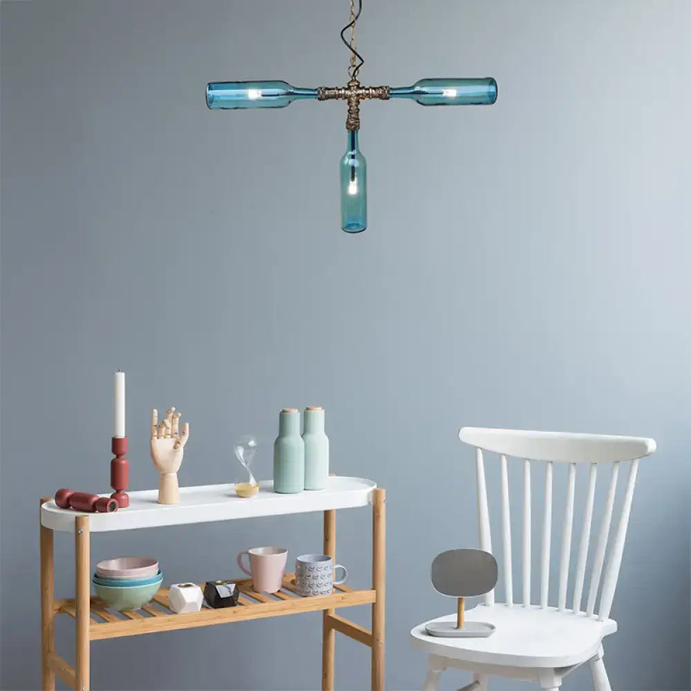 DecorBites™ Farmhouse Style Smoke Gray/Blue Bottle Ceiling Lighting - Glass Hanging Lamp (3/4/5 Lights) in Aged Silver/Black