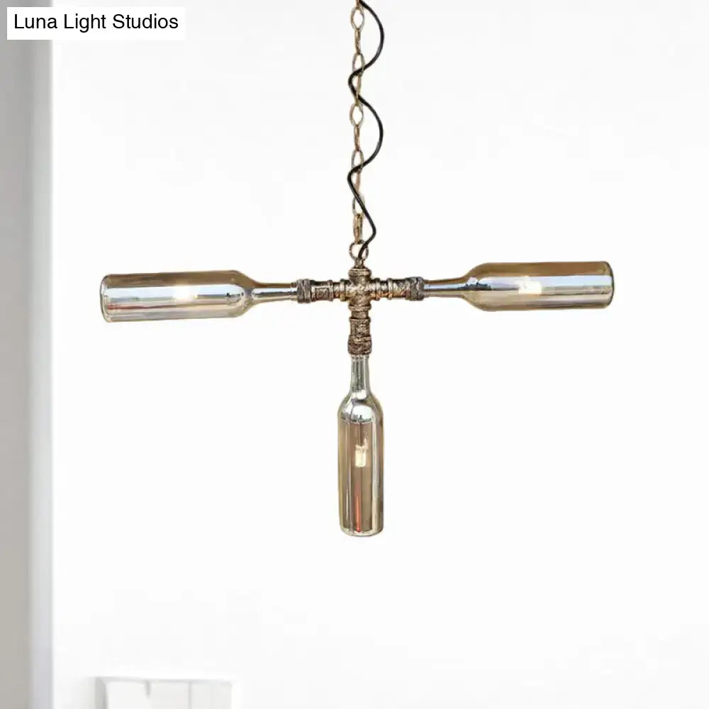 Decorbites™ farmhouse style smoke gray blue aged silver black chandelier with three repurposed wine bottle lights