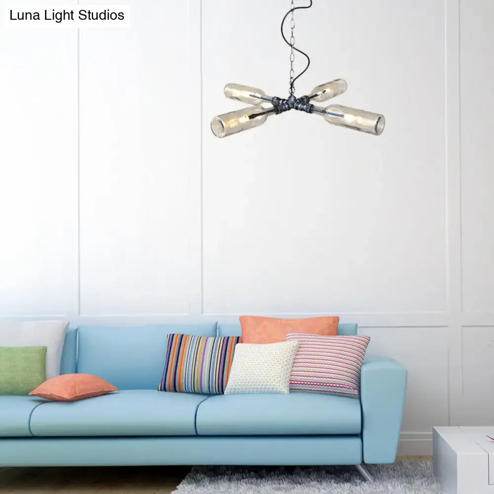 Decorbites™ farmhouse style industrial chandelier with five smoke gray blue glass bottles on aged silver black frame