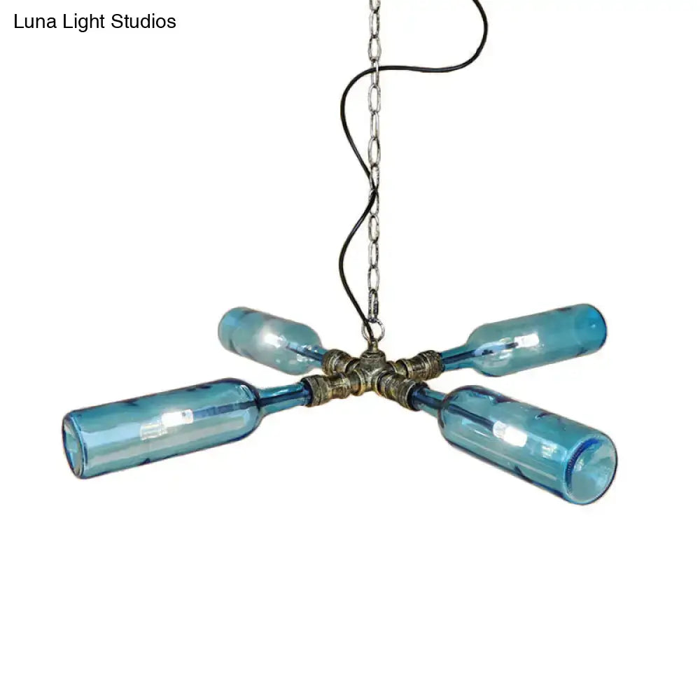 DecorBites™ Farmhouse Style Smoke Gray/Blue Bottle Ceiling Lighting - Glass Hanging Lamp (3/4/5 Lights) in Aged Silver/Black