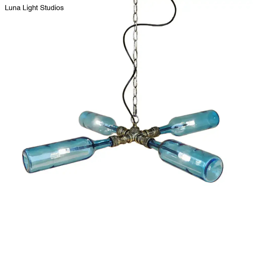 DecorBites™ Farmhouse Style Smoke Gray/Blue Bottle Ceiling Lighting - Glass Hanging Lamp (3/4/5 Lights) in Aged Silver/Black
