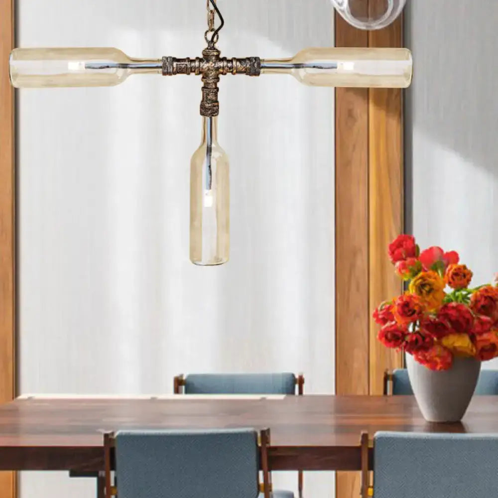 DecorBites™ Farmhouse Style Smoke Gray/Blue Bottle Ceiling Lighting - Glass Hanging Lamp (3/4/5 Lights) in Aged Silver/Black