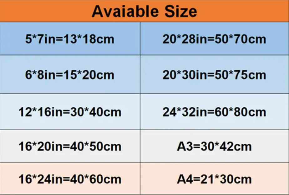 A chart showing a3 and a4 paper sizes in inches and centimeters for decorbites™ fashionable monkey wall art
