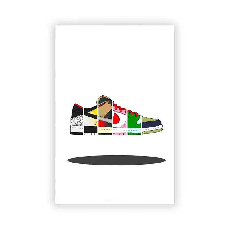 Decorbites™ fashionable sneaker box canvas wall art featuring a vibrant patchwork nike dunk low sneaker design
