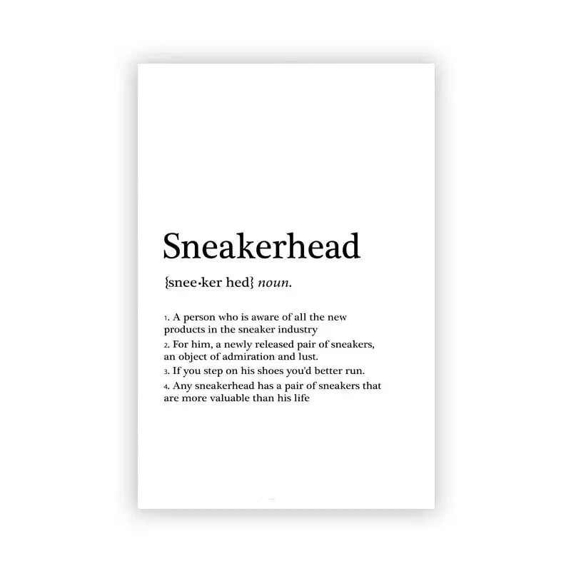 White rectangular sneaker box canvas wall art by DecorBites featuring sneakerhead definition in black serif font