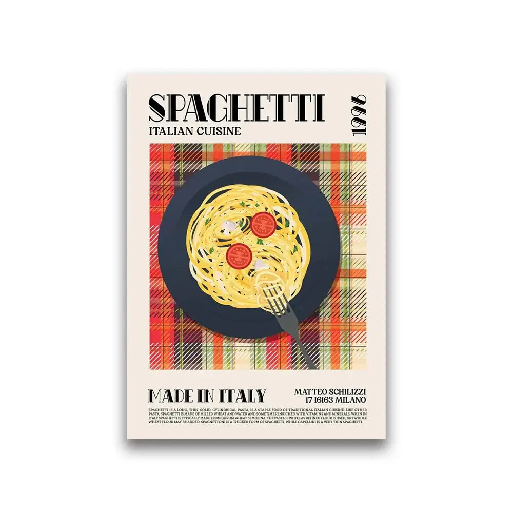 DecorBites™ vintage world cuisine canvas print featuring stylized spaghetti on a dark plate for home decor