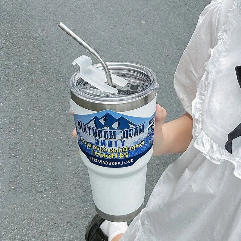 DecorBites™ Bouteille thermos à paille en acier inoxydable de 887 ml - Tasse Montagne de glace