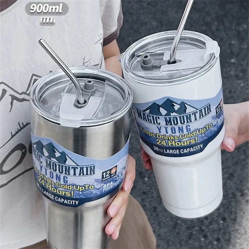 DecorBites™ Bouteille thermos à paille en acier inoxydable de 887 ml - Tasse Montagne de glace