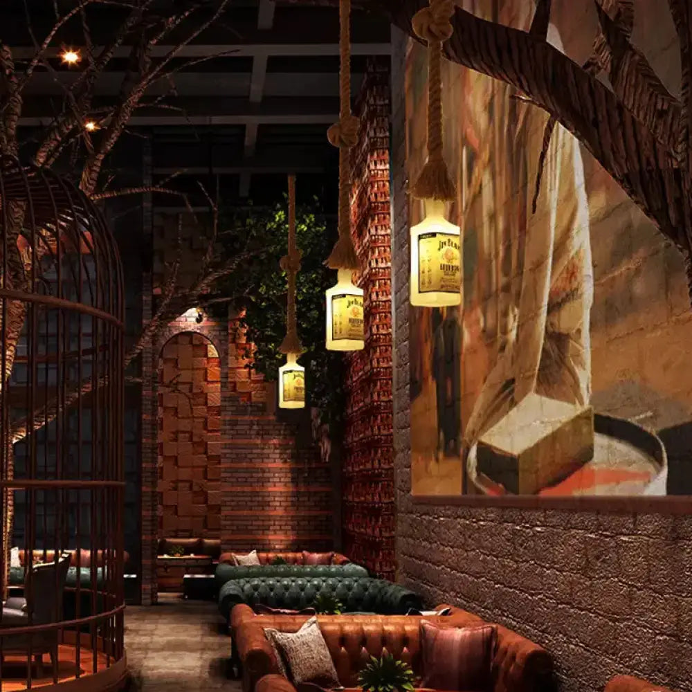 مصباح جزيرة زجاجي أبيض مصنفر ™DecorBites - طراز علوي، تصميم زجاجة نبيذ سوداء - مثالي للمطاعم، إضاءة معلقة بالسقف