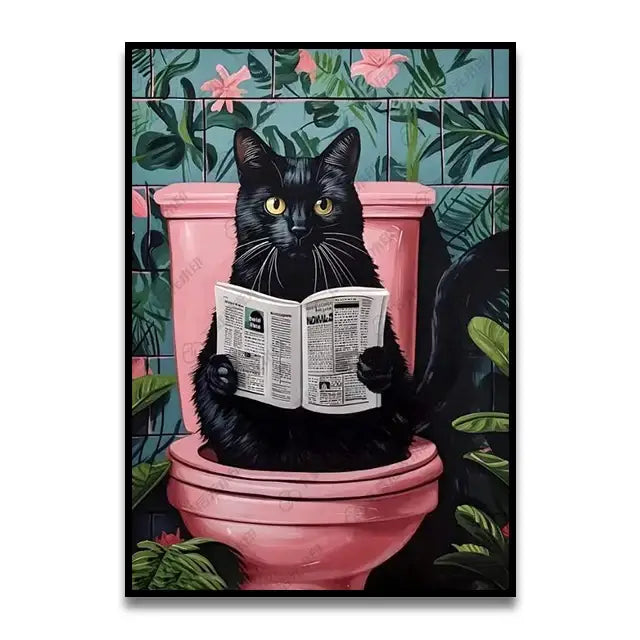 DecorBites™ Fun Cat Reading on Toilet Canvas Wall Art