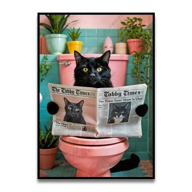 DecorBites™ Fun Cat Reading on Toilet Canvas Wall Art