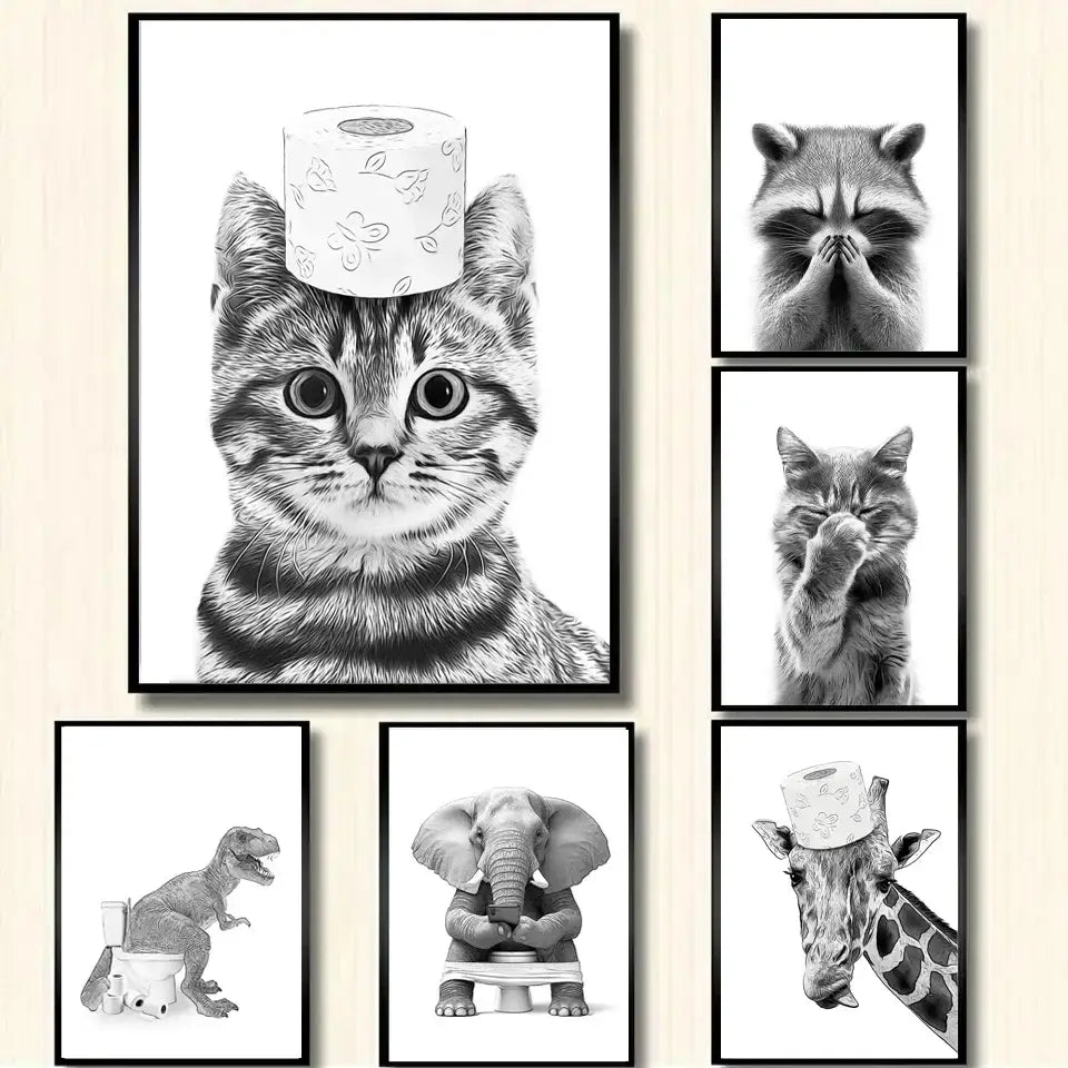 Black-and-white framed wall art featuring a tabby cat with a toilet paper roll for funny animal bathroom decor