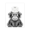 Black-and-white illustrated bathroom poster featuring a baby chimpanzee balancing floral toilet paper on its head for funny animal bathroom wall art