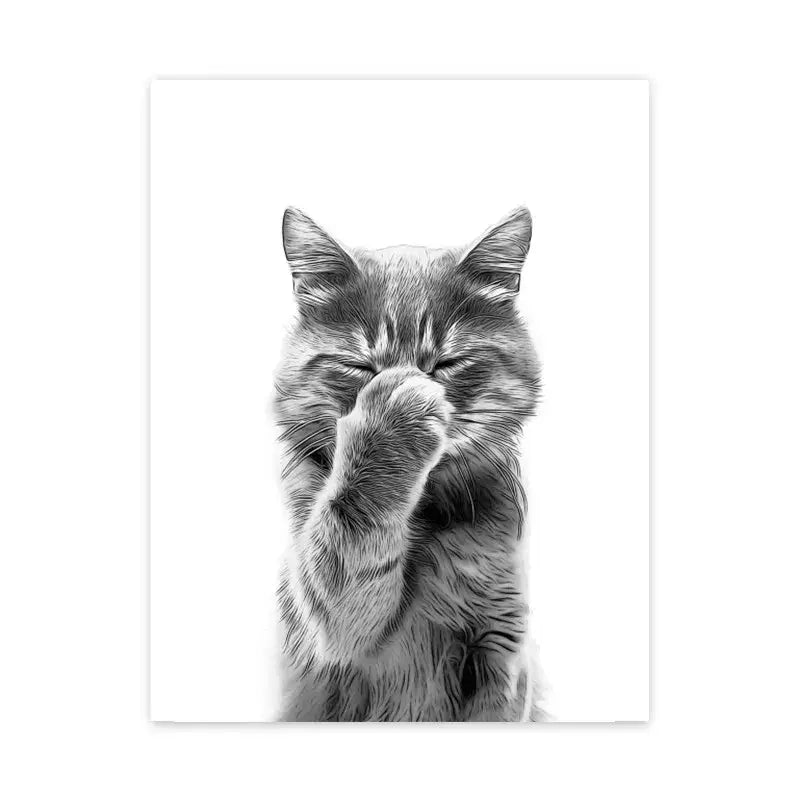 Black and white bathroom poster print of a fluffy tabby cat with its paw covering one eye by decorbites wall art