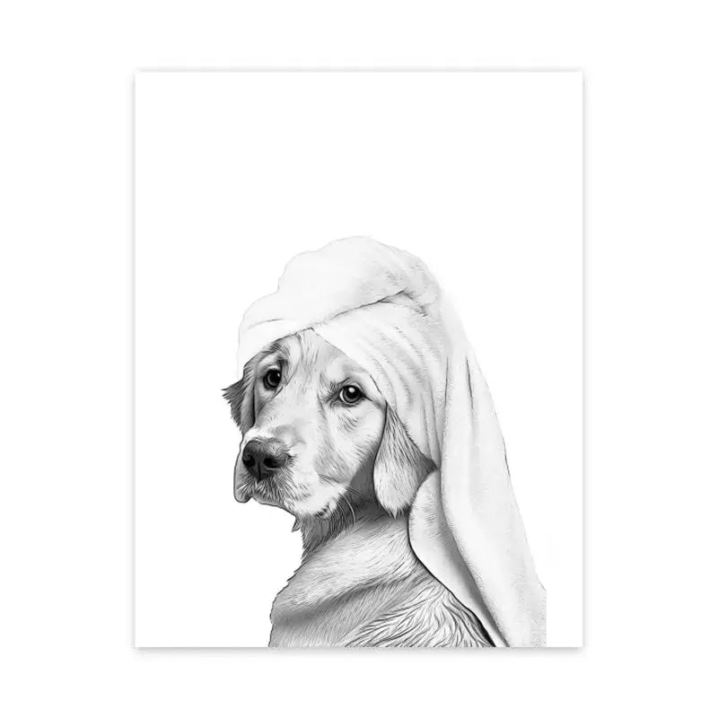 Detailed black and white pencil sketch of a golden retriever puppy wrapped in towel on funny animal bathroom canvas painting