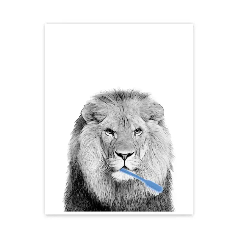 DecorBites™ funny animal bathroom wall art canvas print featuring a black-and-white lion with a blue toothbrush