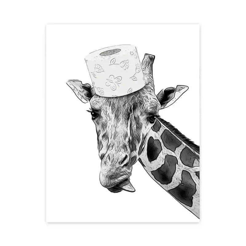 DecorBites™ black and white wall art canvas print of a giraffe wearing a floral toilet paper roll hat for bathroom decor