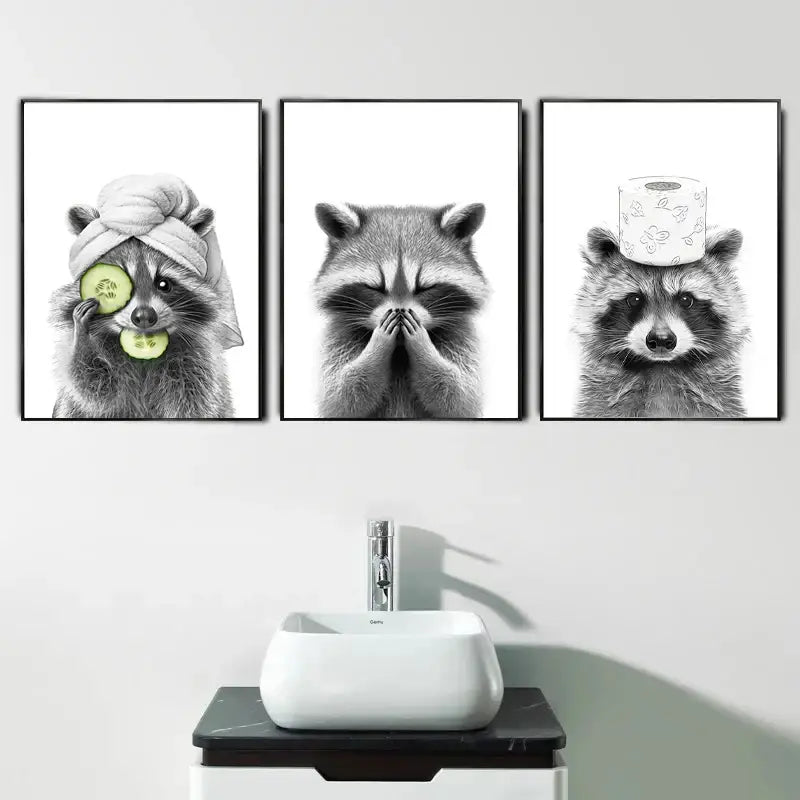 Set of three black-and-white framed raccoon wall art prints by decorbites™ for bathroom decor with cat giraffe dog themes