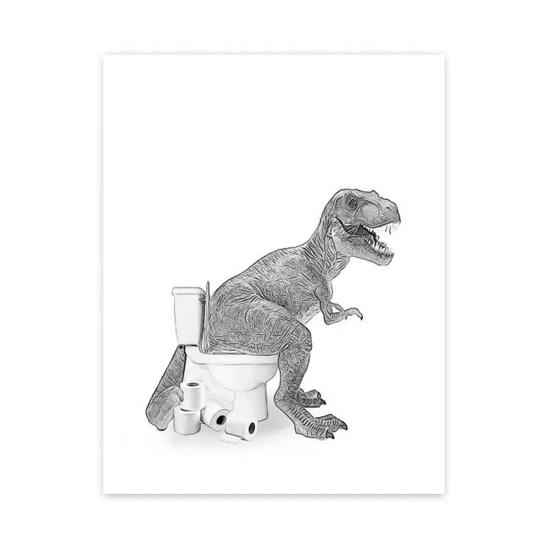 A black-and-white illustrated print featuring a detailed t for funny animal bathroom decor by DecorBites