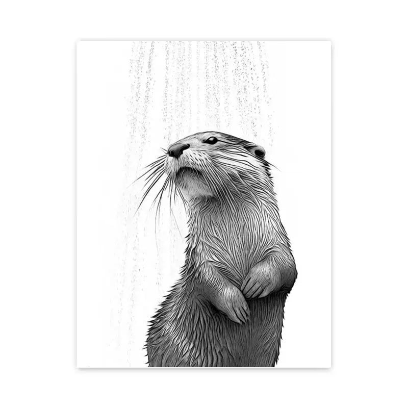 Decorbites™ funny animal bathroom wall art print featuring a detailed black and white otter illustration under a shower