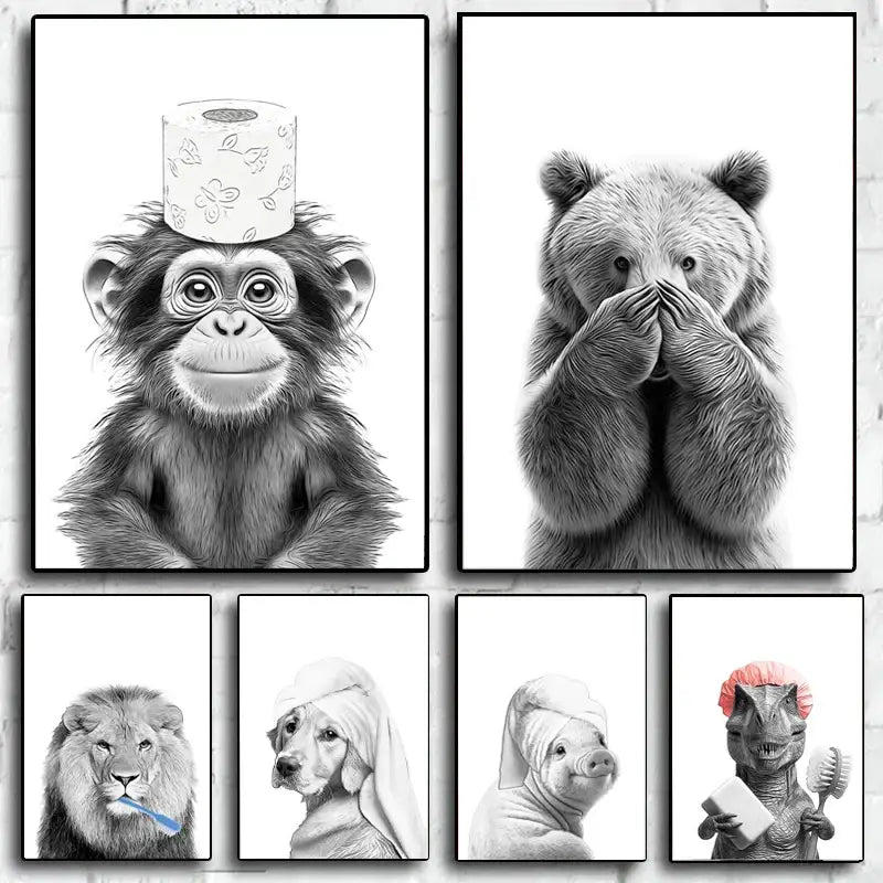 Set of six black-and-white framed prints featuring funny animal bathroom wall art with whimsical humorous scenes
