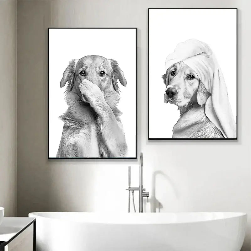 Two black-and-white framed dog portraits in funny animal bathroom wall art print hang above white bathtub decorbites