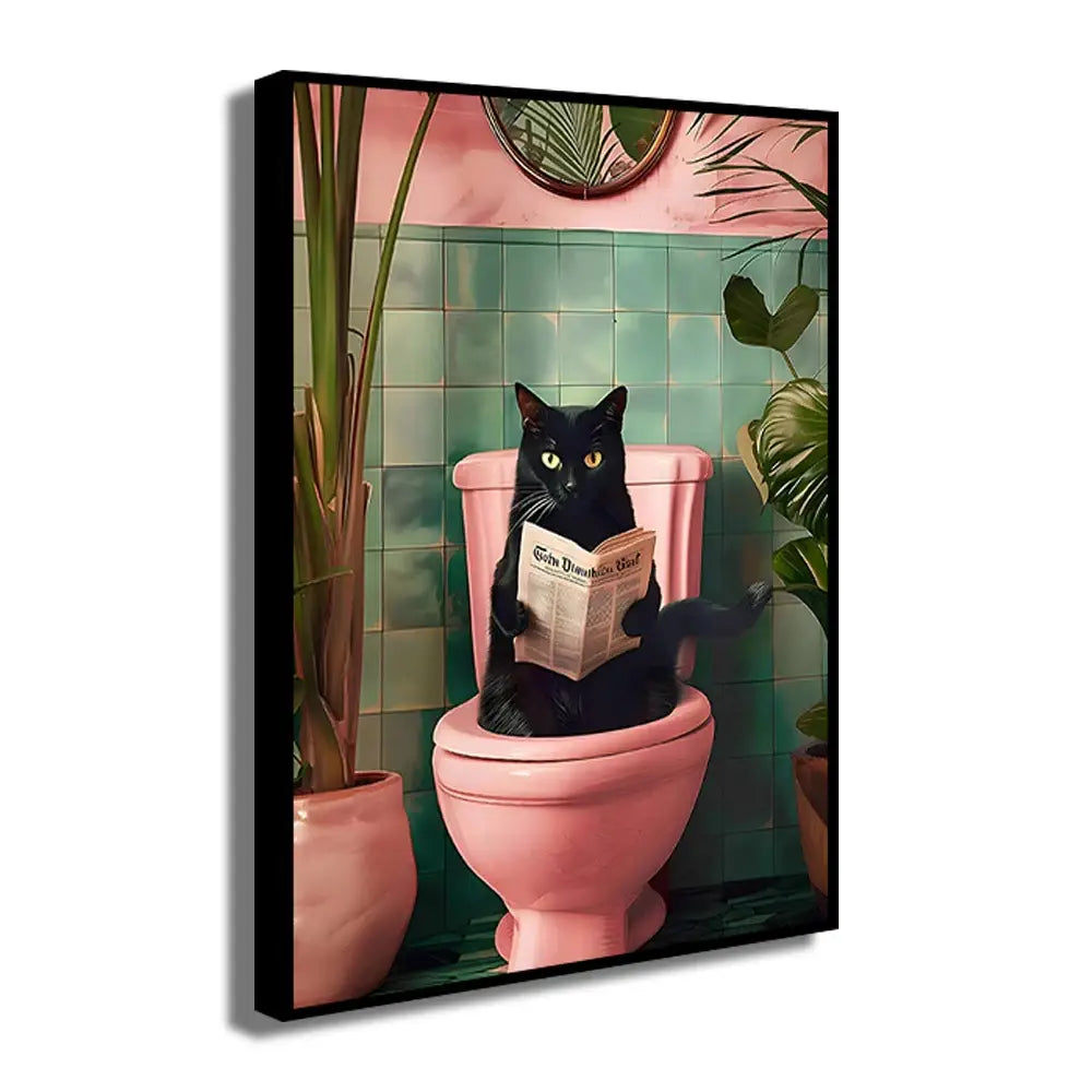 Decorbites™ funny cat bathroom canvas wall art features a black cat with yellow eyes reading a newspaper on a pink toilet