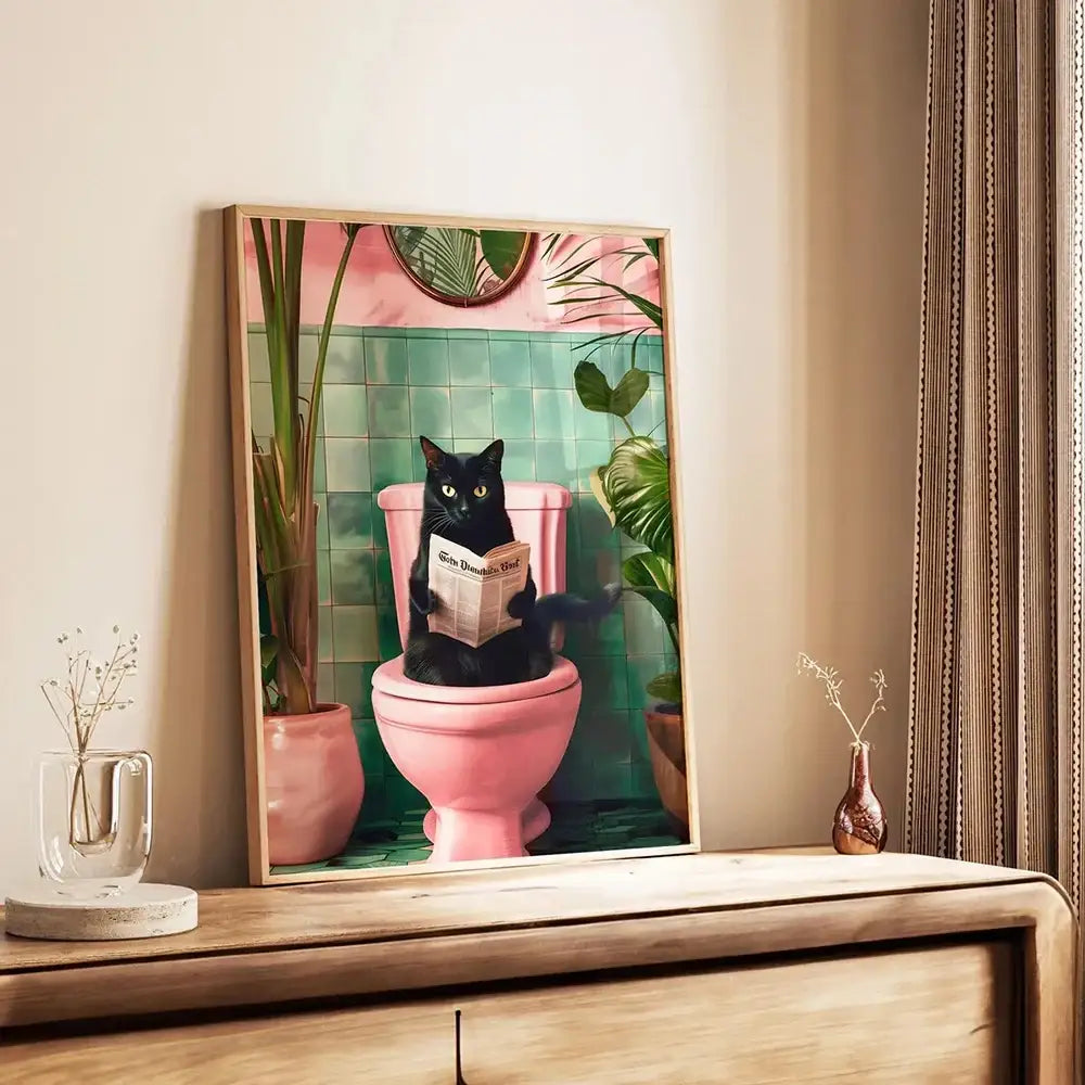 Decorbites™ funny cat canvas wall art featuring a black cat on a pink toilet reading a newspaper with green tiles