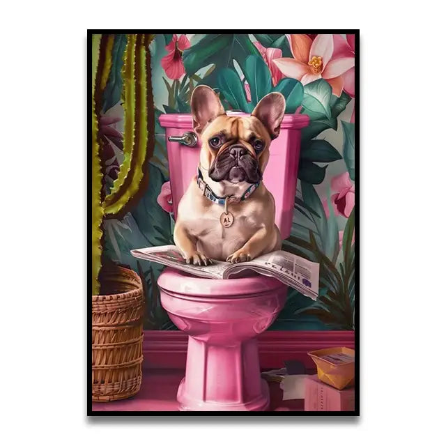 A charming french bulldog on a pink toilet featured in decorbites™ funny cat bathroom canvas wall art