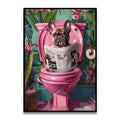 Decorbites™ funny cat bathroom canvas wall art features a vibrant pink toilet with a fawn french bulldog reading a newspaper