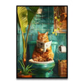 DecorBites™ funny cat bathroom wall art poster featuring a vibrant orange tabby reading on a teal toilet