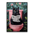 Decorbites™ funny cat bathroom wall art print featuring a black cat with golden eyes holding a newspaper on a pink toilet