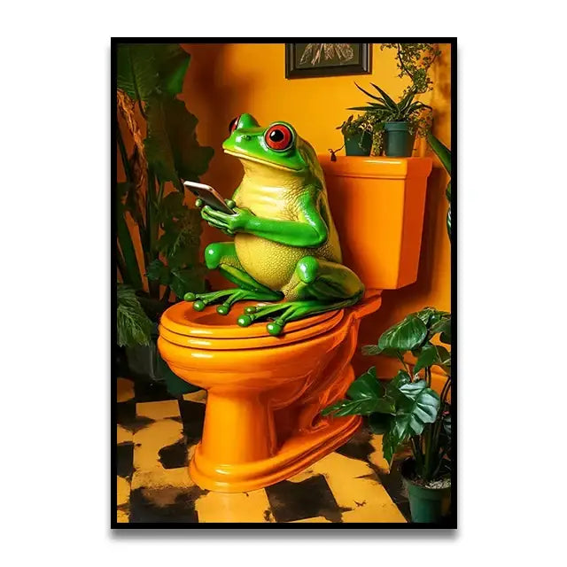 A vibrant art print of a green frog with red eyes on an orange toilet holding a smartphone for wall art decor