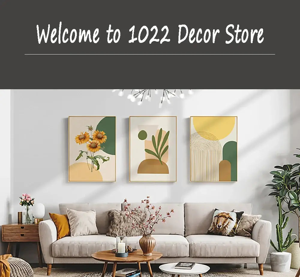 Set of three framed canvas wall art pieces with botanical and geometric designs in earthy tones for cat reading decor