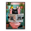 Black cat with yellow eyes reading newspaper on pink toilet in DecorBites™ funny cat reading toilet canvas wall art