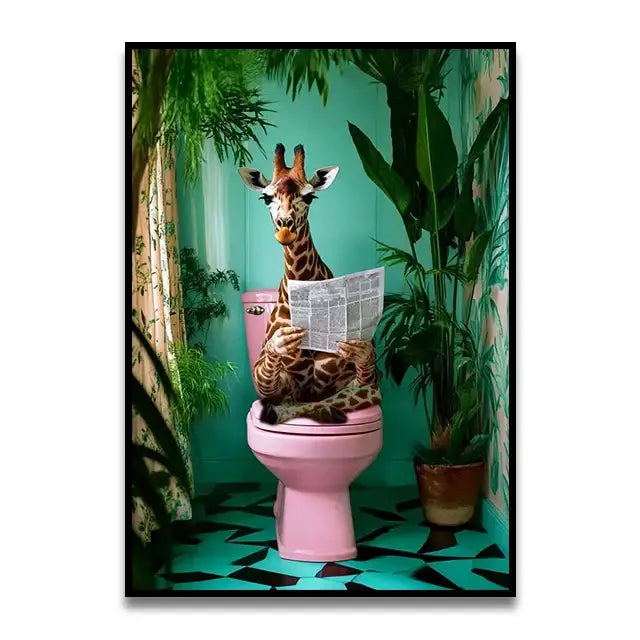 DecorBites™ funny cat reading on toilet canvas print featuring a whimsical giraffe in a vibrant teal bathroom toilet canvas wall