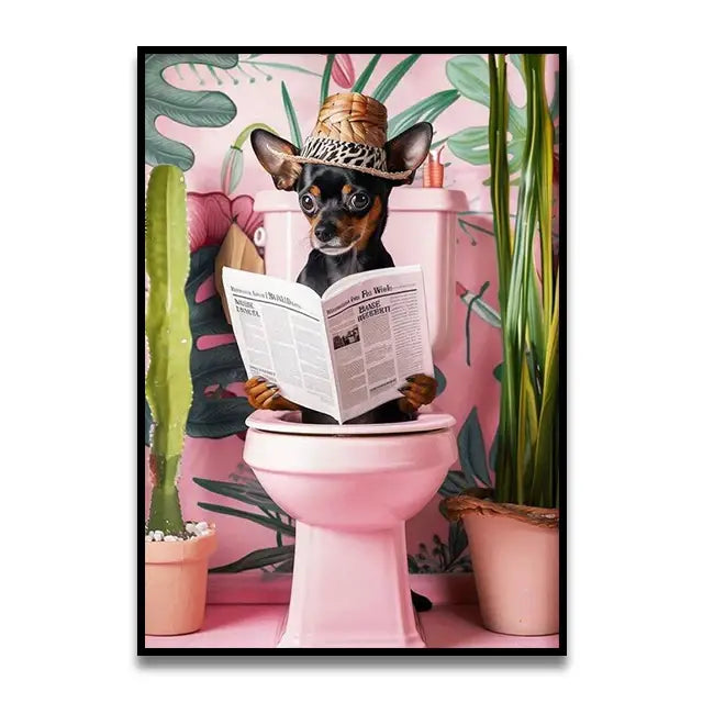 Decorbites™ funny cat reading wall art featuring a black and tan chihuahua in a straw hat reading a newspaper on a pink toilet