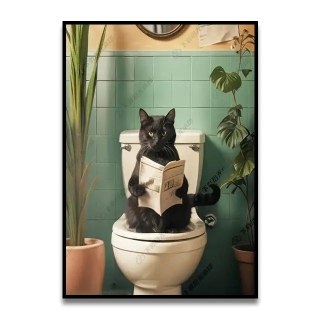 Decorbites funny cat reading on toilet wall art featuring a black cat holding a newspaper on a white toilet seat