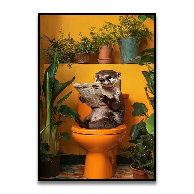 Framed decorbites™ wall art of a cartoon otter reading on an orange toilet with potted plants on yellow background