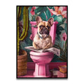 A charming french bulldog on a vibrant pink toilet in decorbites™ wall art for bathroom cat reading decor
