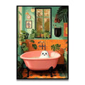 Pink clawfoot bathtub with black legs and smiling ghost figurine in decorbites funny cat reading toilet canvas wall art